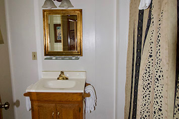 Sink and mirror with shower curtains